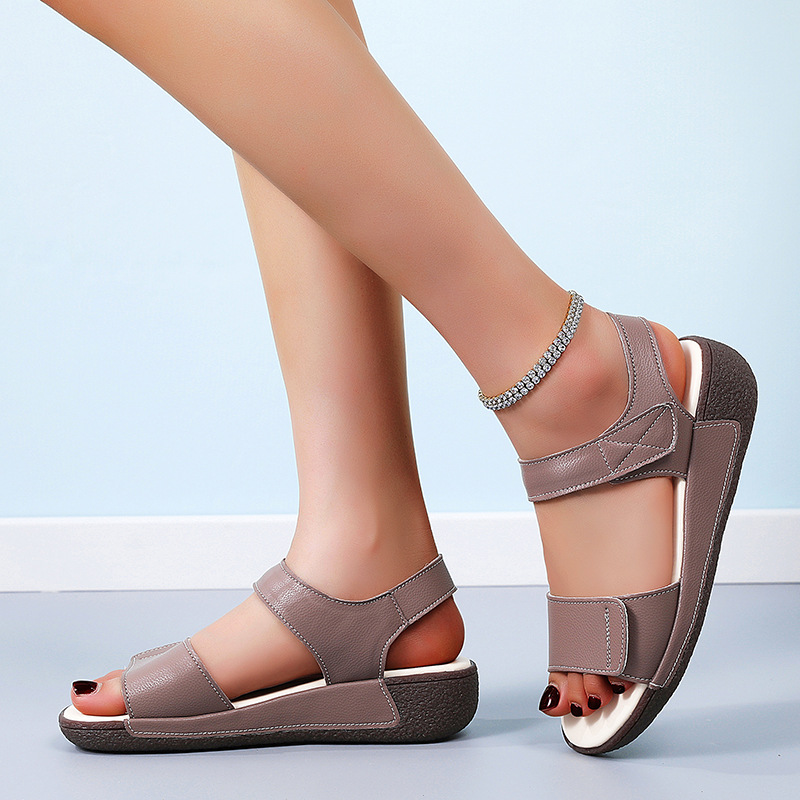 Women's Summer Comfortable Genuine Leather Wedge Sandals Open Toe with Thick Sole Lace-Up Closure Soft Outdoor Wear for Moms detail