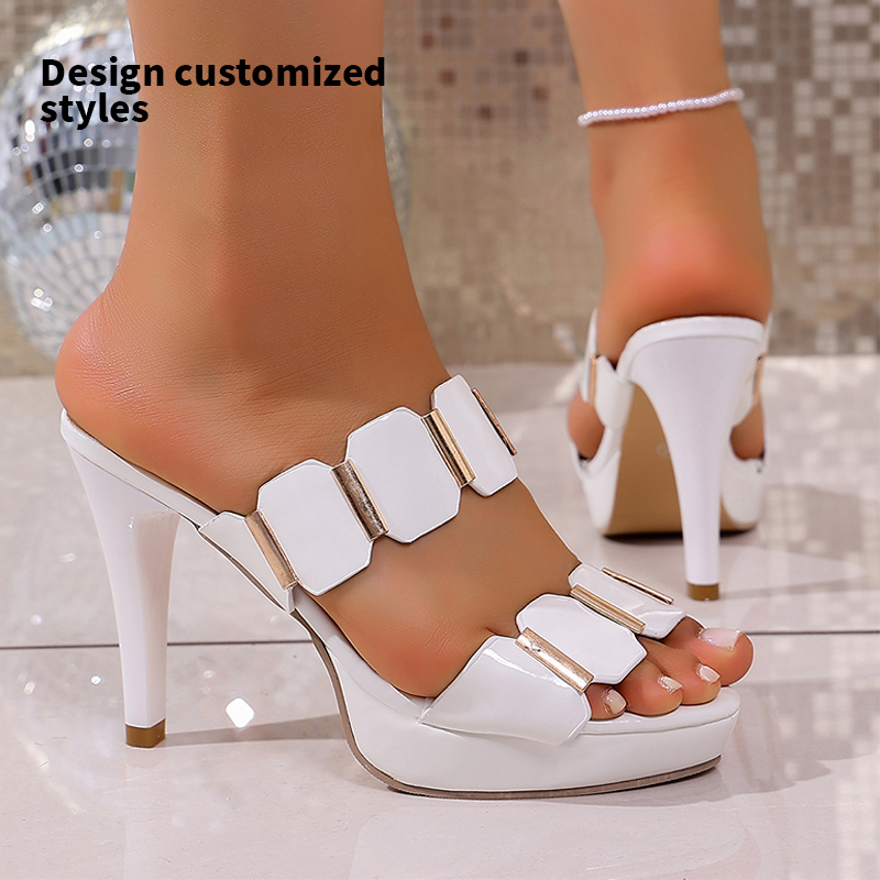 New Style Woman Sexy Pointed Toe High Heels Slippers  Thin 10cm Two Octagonal PU Metal Pieces Connected to the Shoe Upper MuY255 product view