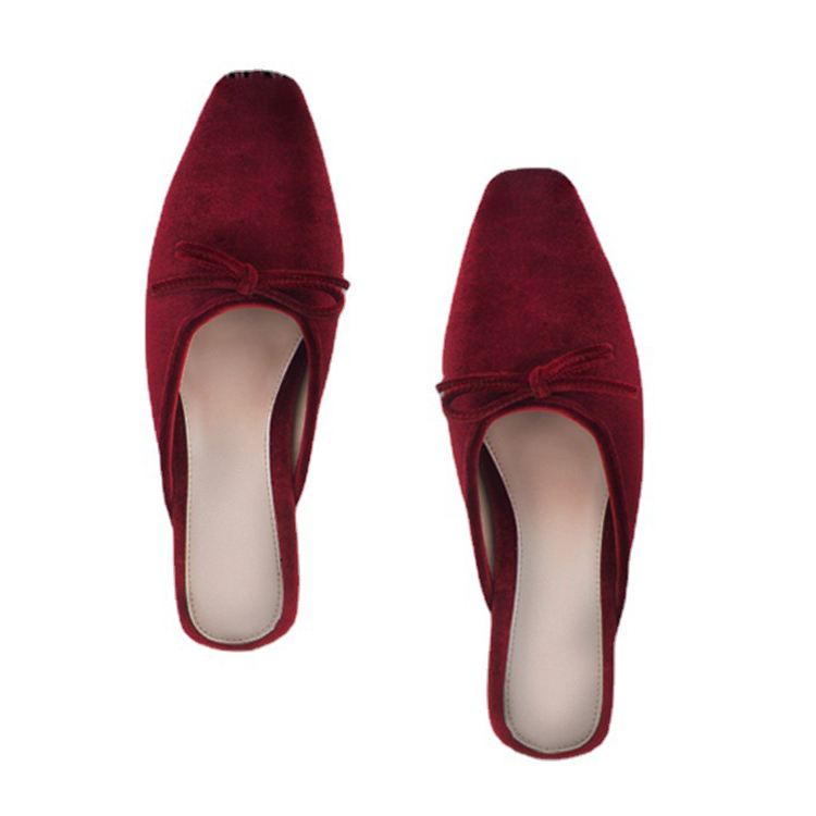 Women's Bow Flats Slides Square Toe Velvet Ballet Mule Backless Burgundy Loafers Slippers for Women product view