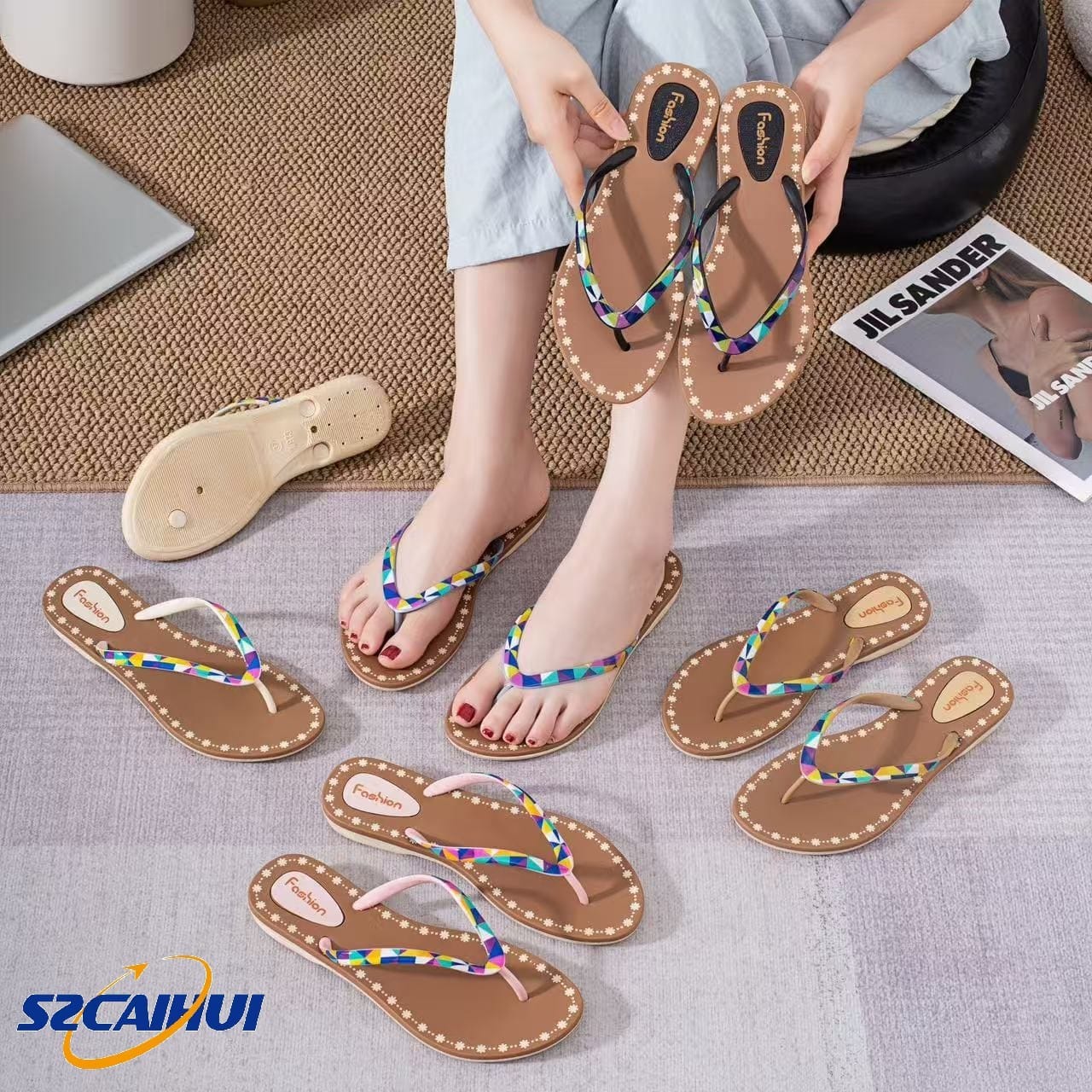 Women's Rainbow Strap PVC Slip on Flip Flops Beach for Summer Casual Sandals product view
