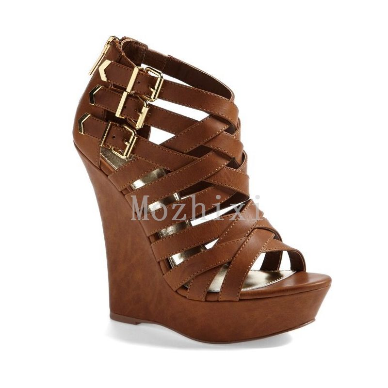 Accept Custom Logo Casual Genuine Wedge Sandals High Heels Platform Women Wooden Sole Heeled Sandals