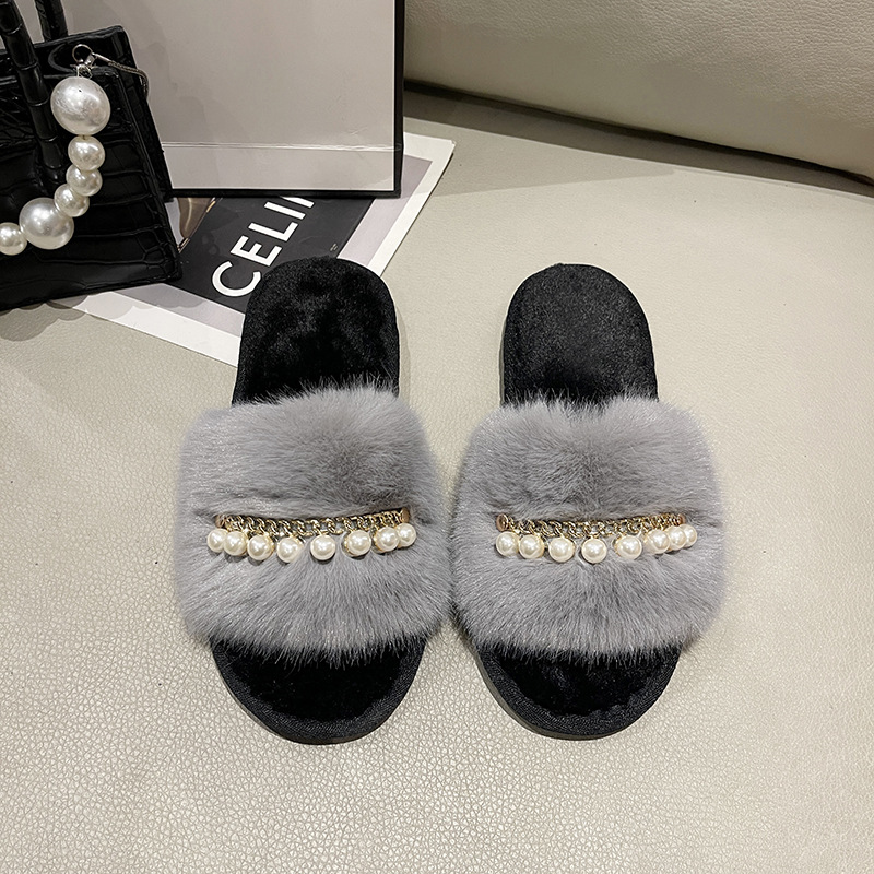 Custom Logo Plush Fur Slippers Pearl Decor [US Sizes 5-10] Premium Faux Fox Fur Indoor Slides Women Home Lounge Shoes Factory product view