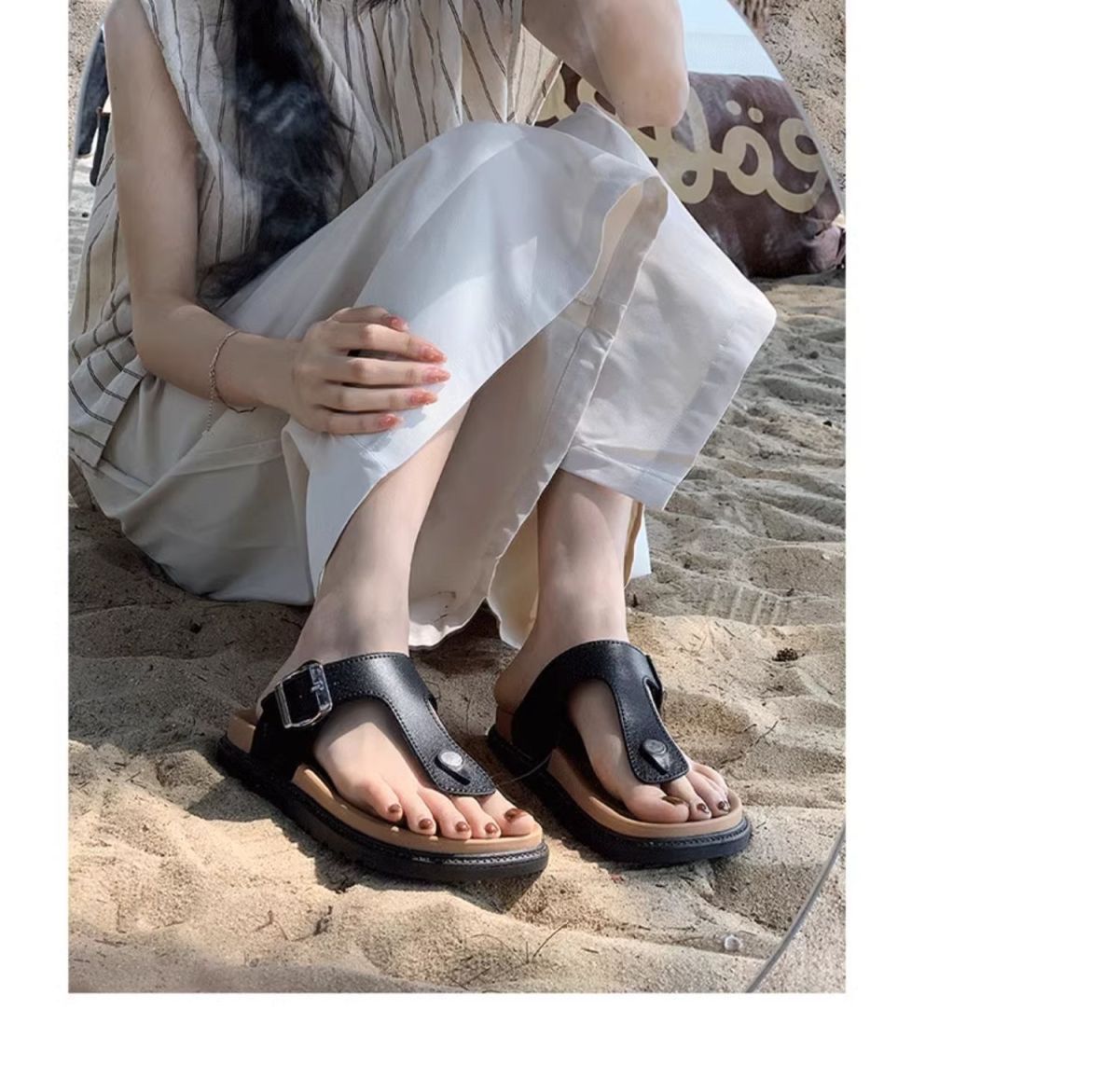 Women T-Strap Metal Buckle Platform Flip Flops African Market Ladies Thick Non Slip Sole Casual Street Beach Slippers detail