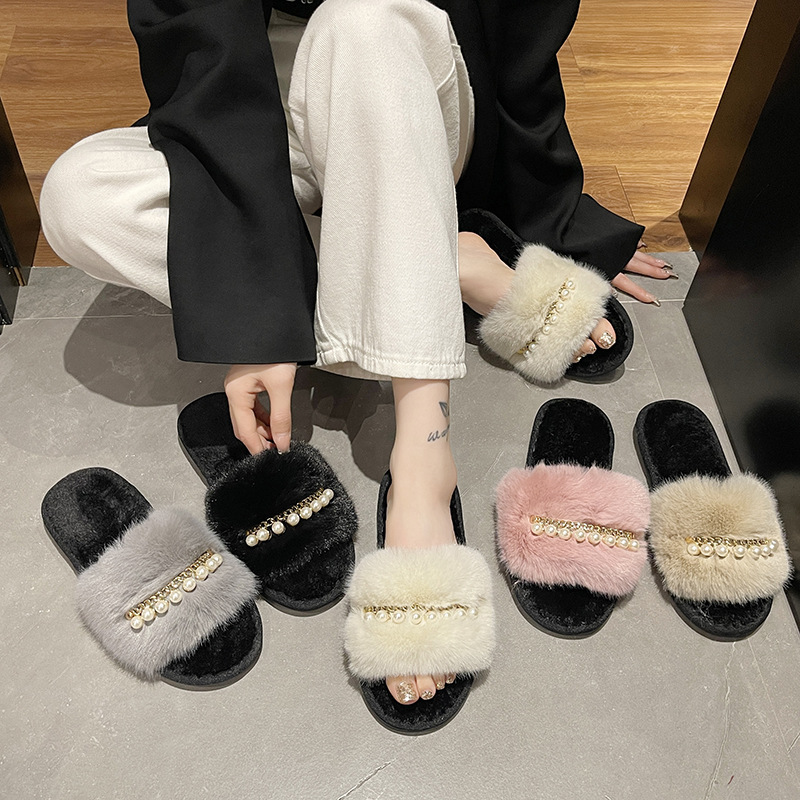 Custom Logo Plush Fur Slippers Pearl Decor [US Sizes 5-10] Premium Faux Fox Fur Indoor Slides Women Home Lounge Shoes Factory product view