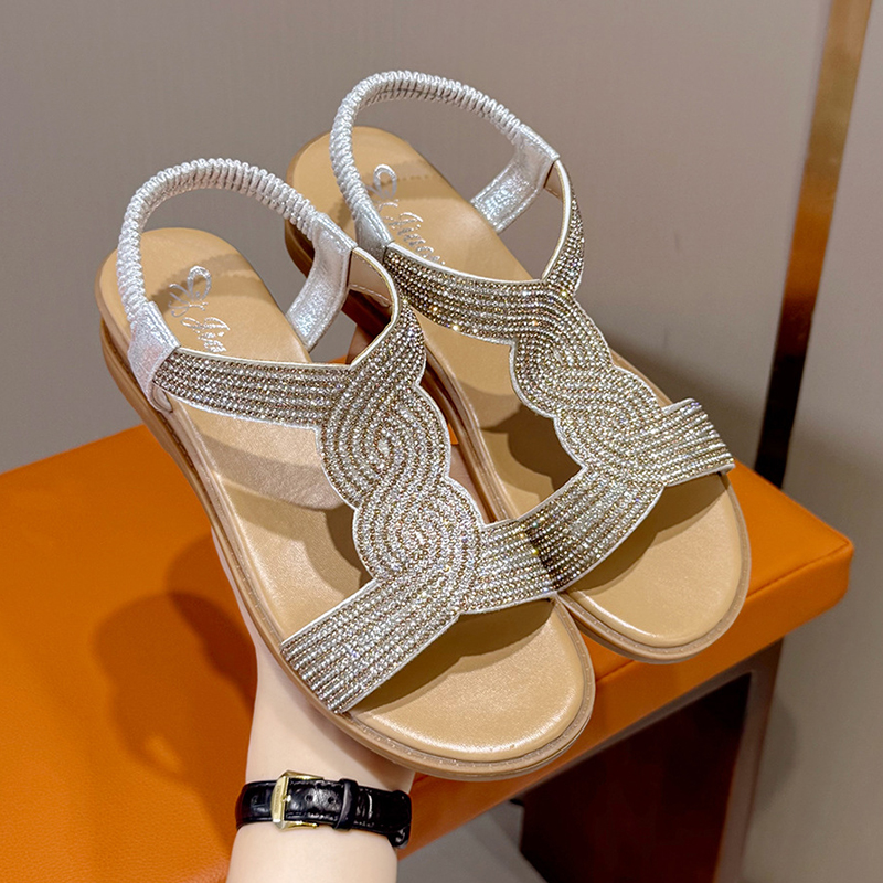 XINBY Women Summer Outdoor Anti-Slip Slip-On Soft Rhinestone Wedge Heel Elastic Ankle Strap Comfortable Flexible Open Toe detail