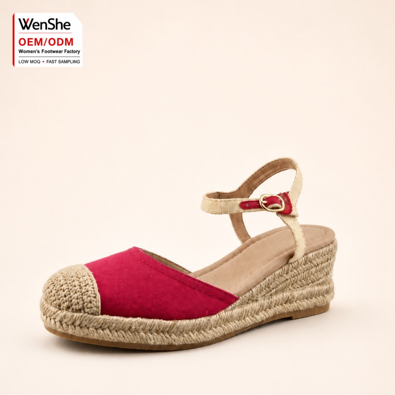 Low MOQ Women's Summer Casual Closed Toe Canvas Espadrille Wedge Sandals Ankle Strap Woven Platform Factory Shoes Custom OEM ODM