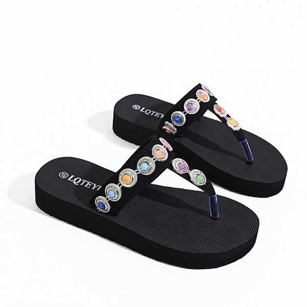 New Style Woman Shoes Sexy High Heels Slippers Wedge Heel 3cm Flip Flops Black Strap with Inlaid Colorful Sequins Upper JY-S44 detail