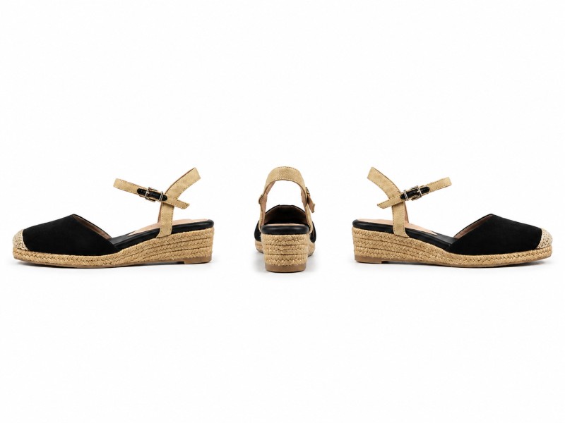 Low MOQ Ladies Summer Casual Black Micro Suede Closed Toe Espadrilles Low Wedge Sandals Ankle Strap Shoes Factory Custom OEM ODM product view