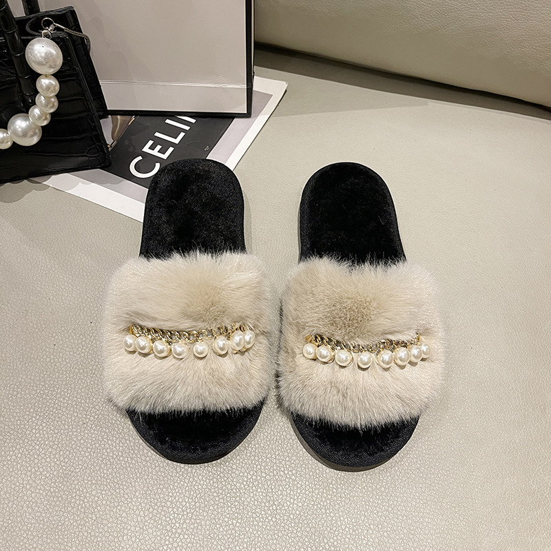 Custom Logo Plush Fur Slippers Pearl Decor [US Sizes 5-10] Premium Faux Fox Fur Indoor Slides Women Home Lounge Shoes Factory product view