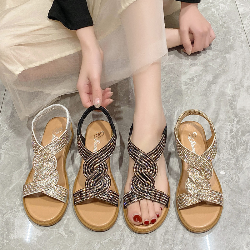 XINBY Women Summer Outdoor Anti-Slip Slip-On Soft Rhinestone Wedge Heel Elastic Ankle Strap Comfortable Flexible Open Toe detail