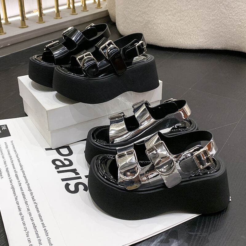 Dropshipping Custom Logo Silver Wedges Sandals Women Metal Buckle Summer Ladies Fashion Design Chunky Sandals product view