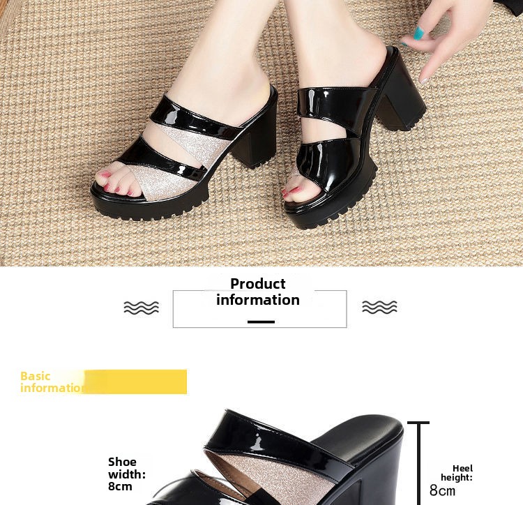 Cross-Border New Chunky-Heel Rubber High-Heel Slippers PU Sandals Women Single-Layer Casual Sports Autumn Slip-On 6-8cm Backless detail