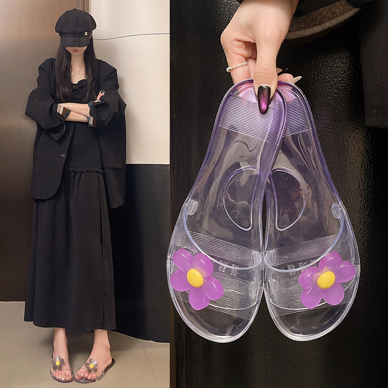 OEM ODM Wholesale Womens Jelly Sandals Clear Crystal Flat Slippers Cute Flower Beach Shoes Summer Outdoor Vacation Footwear detail