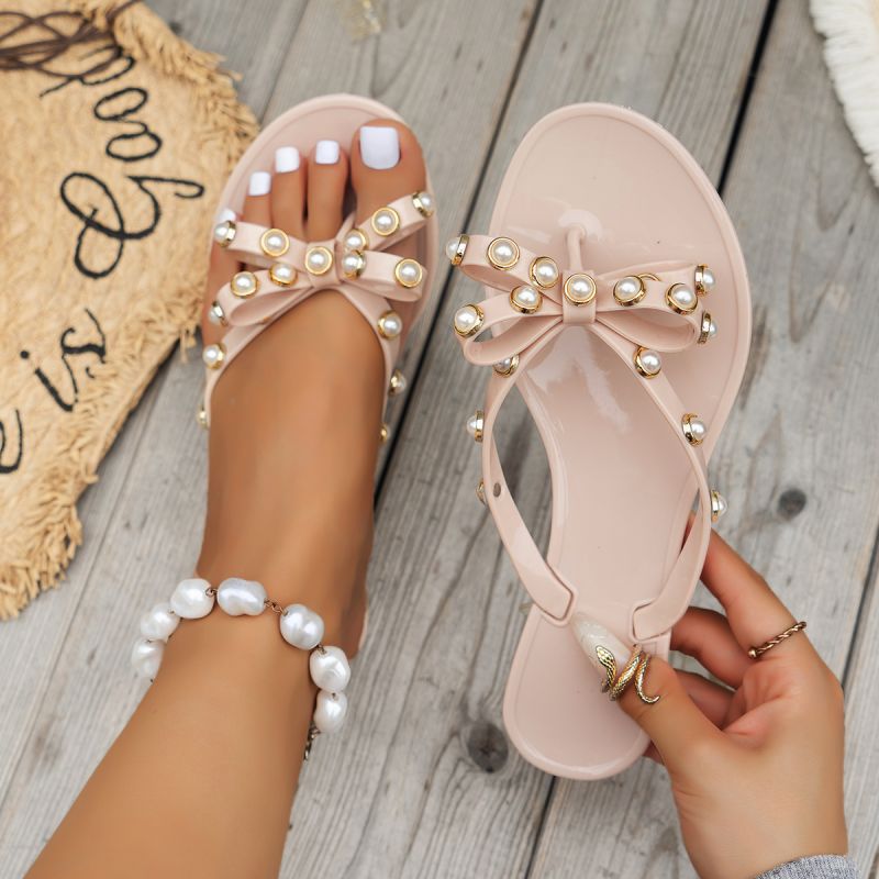 Pearl Flip Flops Women Flat Outdoor slippers Ladies Solid Color Home Jelly Color Beach PVC Flip Flops Pearl slippers