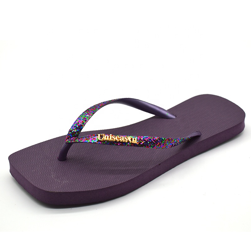 Hot Sales Summer Slippers Lightweight and Lighted Women's Rubber Flip Flops with Glitter Upper Square-Toed Beach Slippers product view