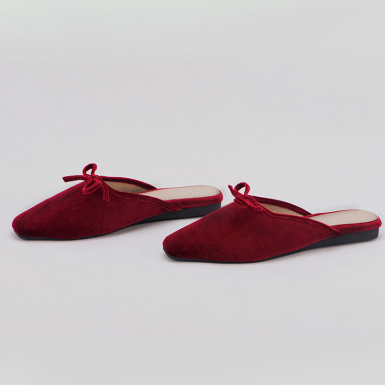 Women's Bow Flats Slides Square Toe Velvet Ballet Mule Backless Burgundy Loafers Slippers for Women detail