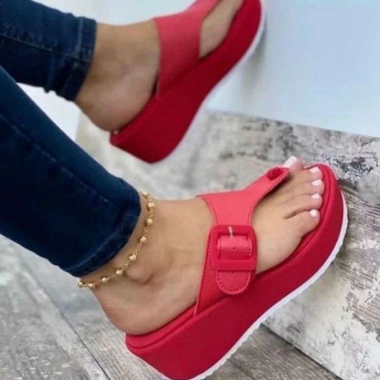 Large Size Fish Mouth High Heel Height Increasing Flip-flops Women's Spring New Red PU Platform Casual Fashion Wedge for detail