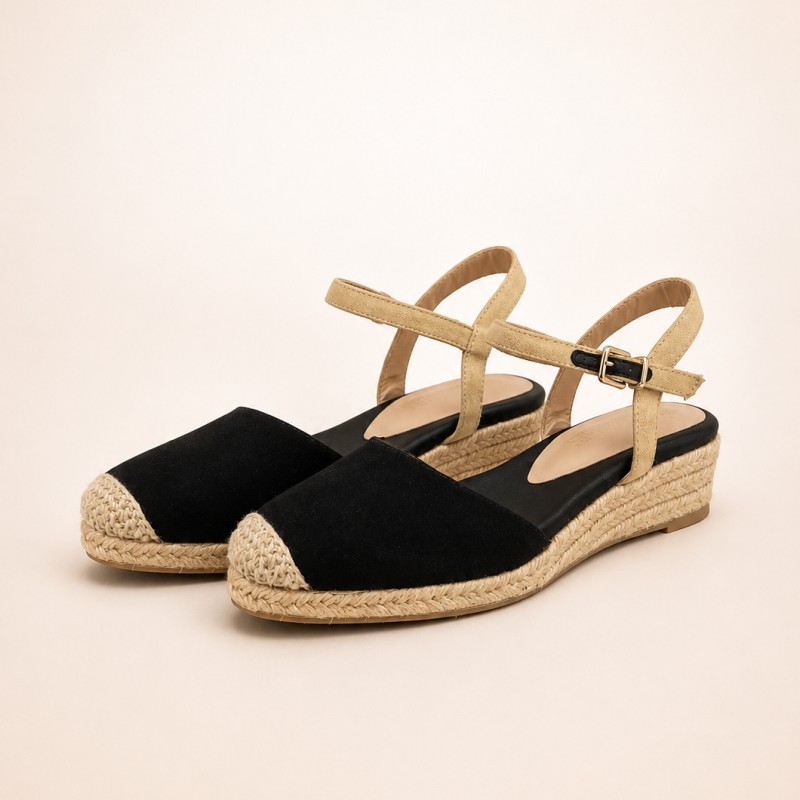 Low MOQ Ladies Summer Casual Black Micro Suede Closed Toe Espadrilles Low Wedge Sandals Ankle Strap Shoes Factory Custom OEM ODM detail