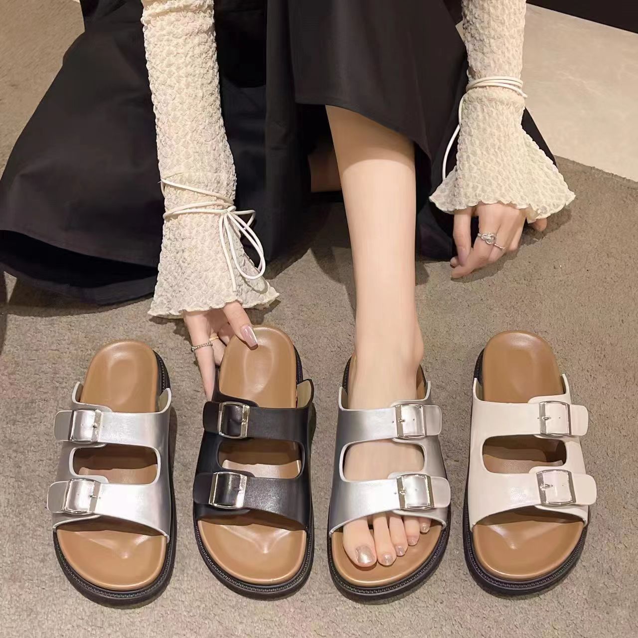 Thick-Soled for Sandals Women's Outdoor New Retro Casual PVC Belt Buckle Open-Toe Slide Non-slip Color product view