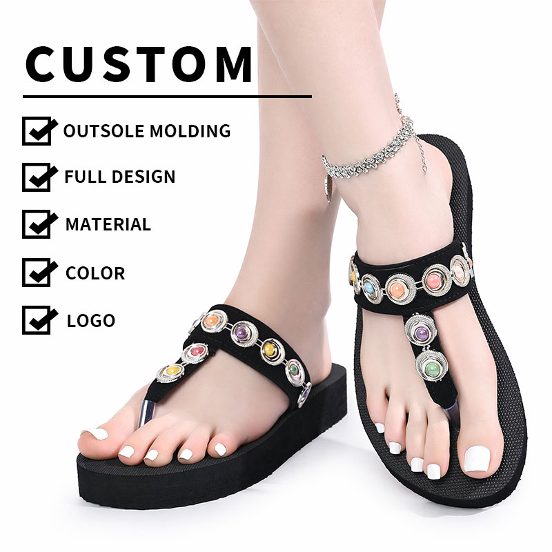 New Style Woman Shoes Sexy High Heels Slippers Wedge Heel 3cm Flip Flops Black Strap with Inlaid Colorful Sequins Upper JY-S44