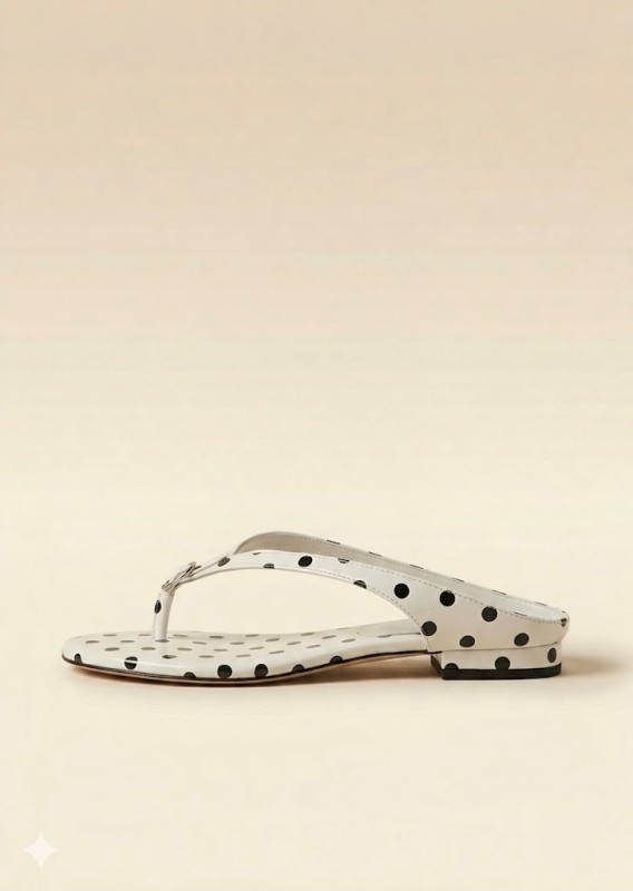 Custom ODM Women Summer White Polka Dot Thong Sandals Low Block Heel Metal Ring Slip On Flip Flops Ladies Casual Shoes Wholesale detail