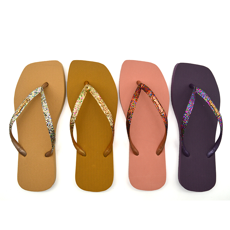 Hot Sales Summer Slippers Lightweight and Lighted Women's Rubber Flip Flops with Glitter Upper Square-Toed Beach Slippers detail
