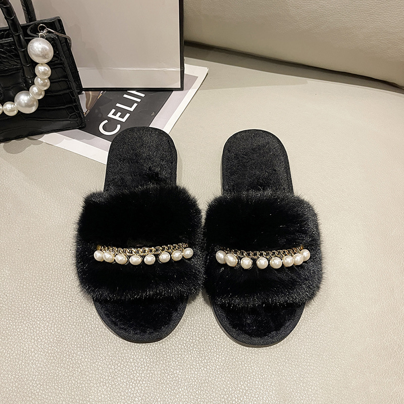 Custom Logo Plush Fur Slippers Pearl Decor [US Sizes 5-10] Premium Faux Fox Fur Indoor Slides Women Home Lounge Shoes Factory product view