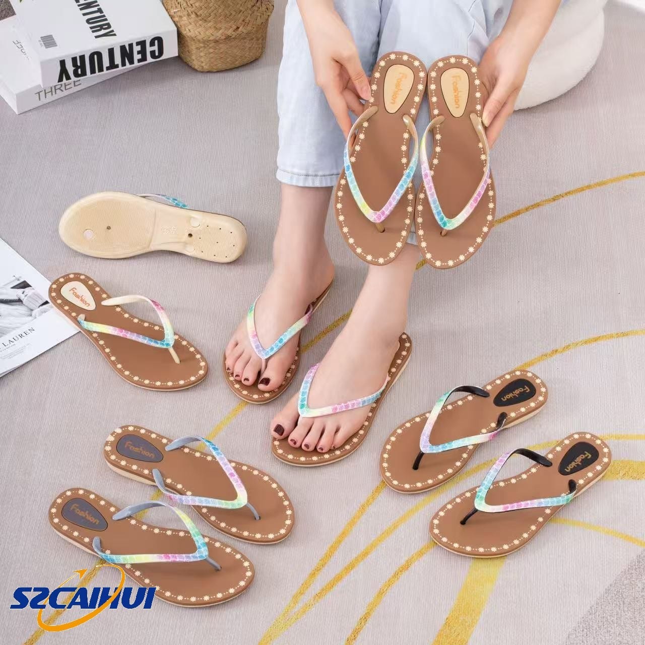 Women's Rainbow Strap PVC Slip on Flip Flops Beach for Summer Casual Sandals product view