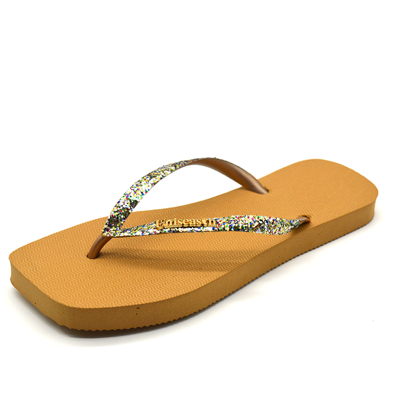 Hot Sales Summer Slippers Lightweight and Lighted Women's Rubber Flip Flops with Glitter Upper Square-Toed Beach Slippers detail