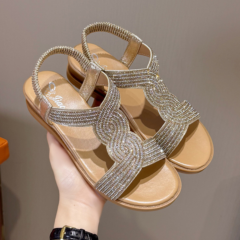 XINBY Women Summer Outdoor Anti-Slip Slip-On Soft Rhinestone Wedge Heel Elastic Ankle Strap Comfortable Flexible Open Toe detail