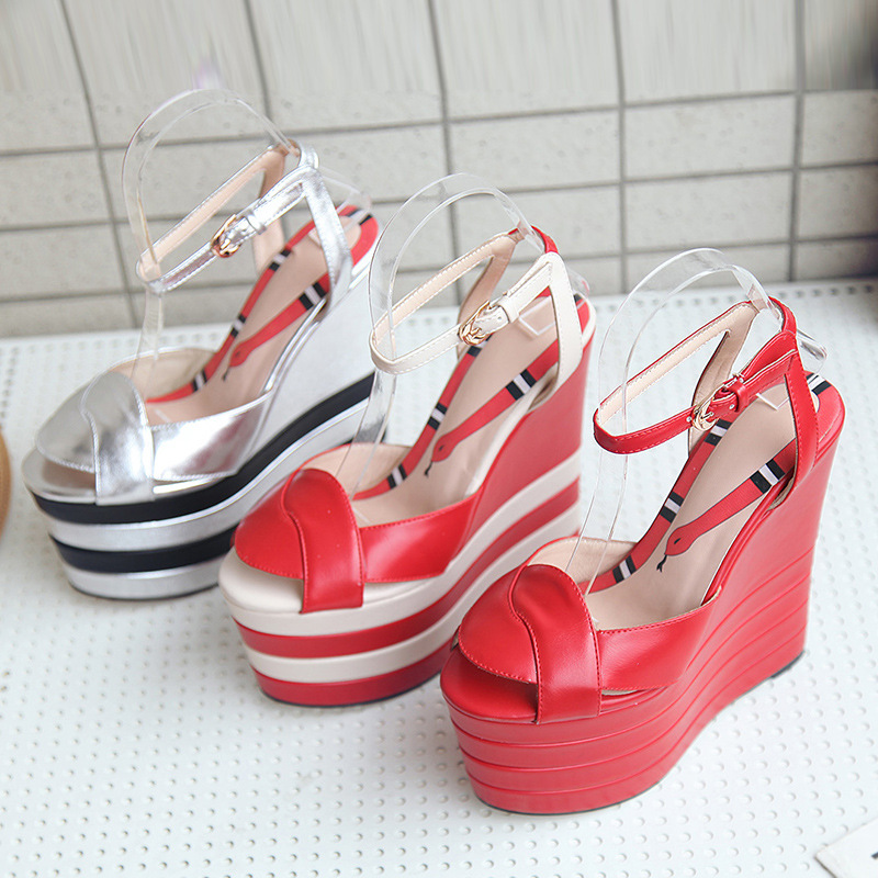 2021 European American Women's Large Size Fashion High-Heeled Wedges Sandals New Buckle Color-Matching Design Cross-Border High product view