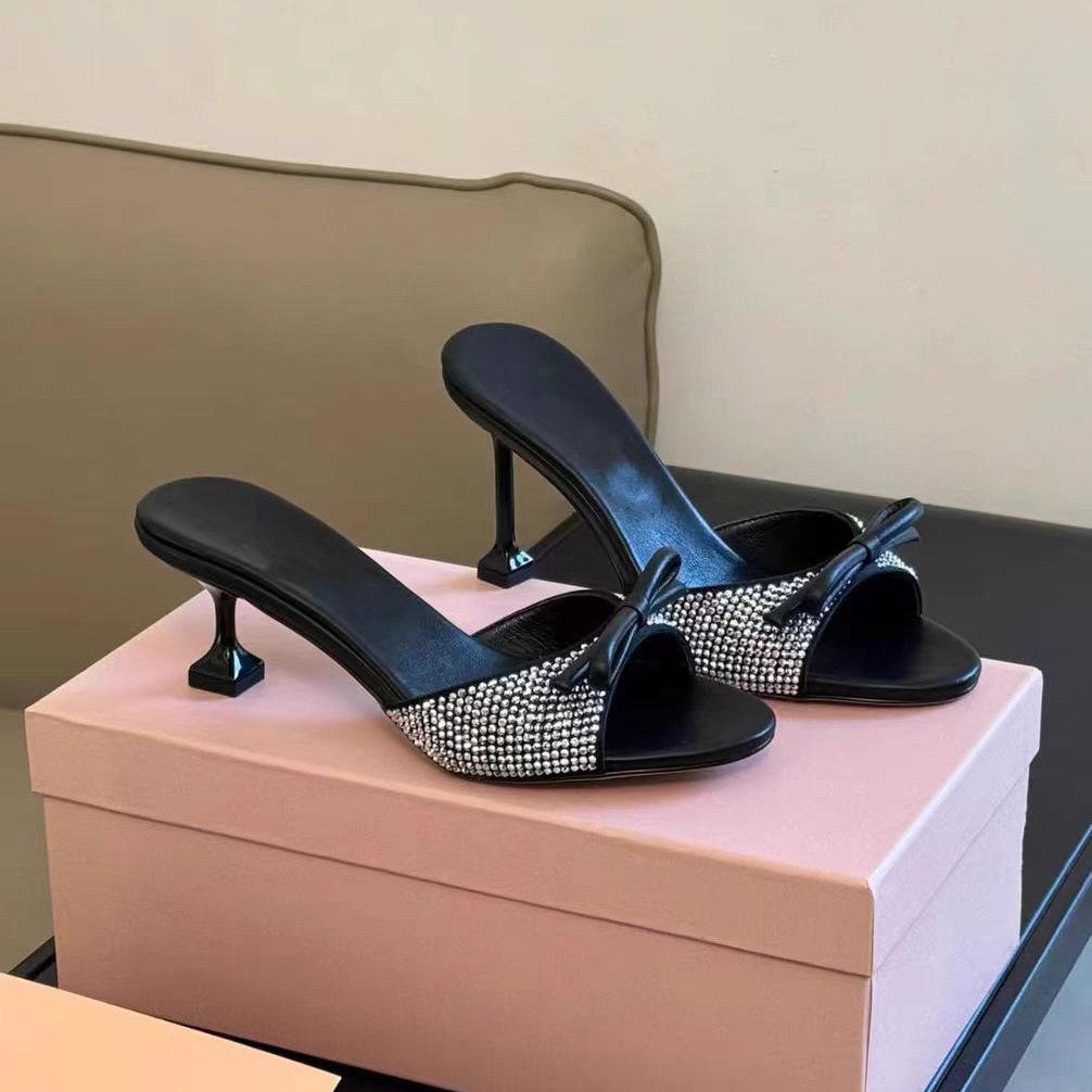Bow-knot Rhinestone Satin One-Strap Slide Sandals Women Europe America Style Outdoor 2026 Summer New Black Round-Toe Open-Toe product view
