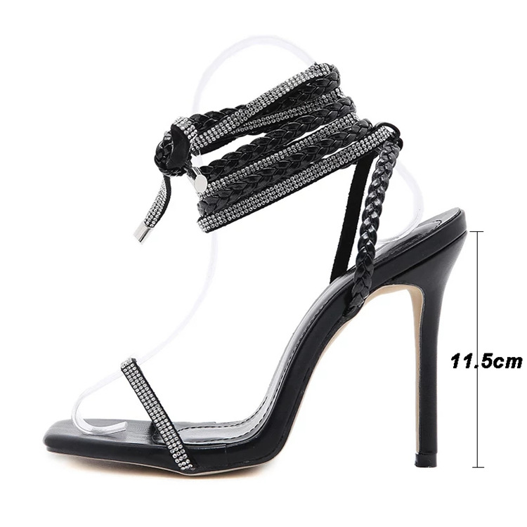 Womens Sexy Rhinestone Slip-On Leg Wrap Stiletto Sandals 11.5cm High Heels Braided Straps Party Shoes Black White product view