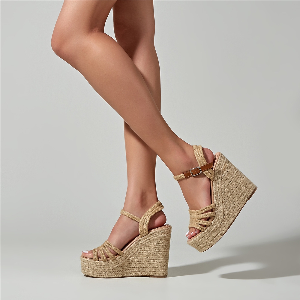 European Fashion Trendy Strap High Heel Women's Open Toe Winter Suede Platform Espadrille Wedge Sandals detail
