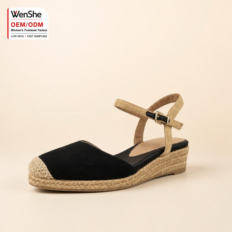 Low MOQ Ladies Summer Casual Black Micro Suede Closed Toe Espadrilles Low Wedge Sandals Ankle Strap Shoes Factory Custom OEM ODM