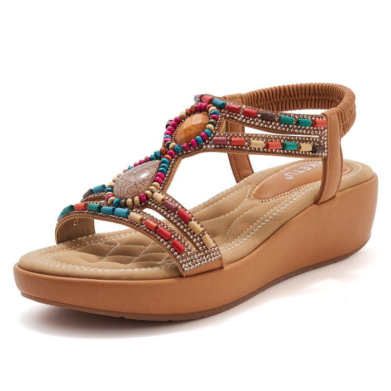 Wedge Sandals Women Ethnic Bohemian Beaded Rhinestone Elastic Band Open Toe Cushioned Beach Slip-On Shoes Earth-Toned