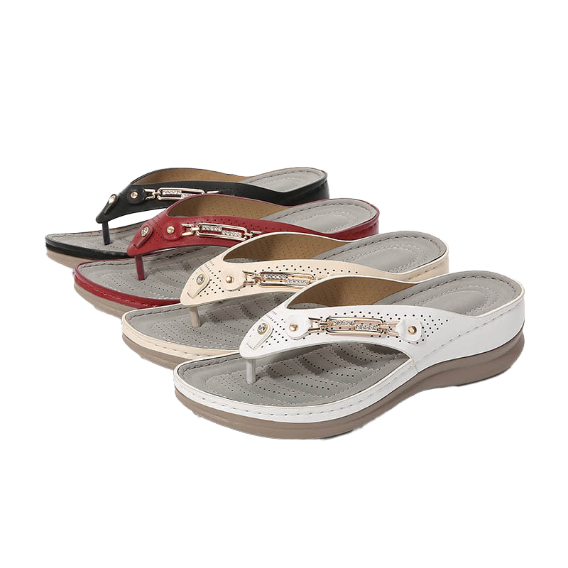 Women's Lightweight Casual Hollow Slope Heel Flip Flops Large Size Water Diamond Metal Buckle Finger Summer Autumn Outdoors detail