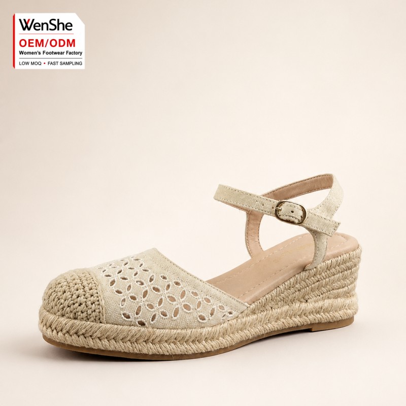 Low MOQ Women's Summer Hollow Out Floral Canvas Espadrilles Wedge Sandals Closed Toe Ankle Strap Platform Factory Custom OEM ODM detail