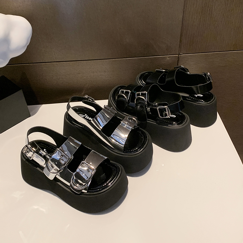 Dropshipping Custom Logo Silver Wedges Sandals Women Metal Buckle Summer Ladies Fashion Design Chunky Sandals product view