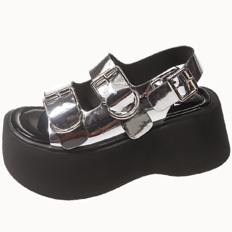 Dropshipping Custom Logo Silver Wedges Sandals Women Metal Buckle Summer Ladies Fashion Design Chunky Sandals