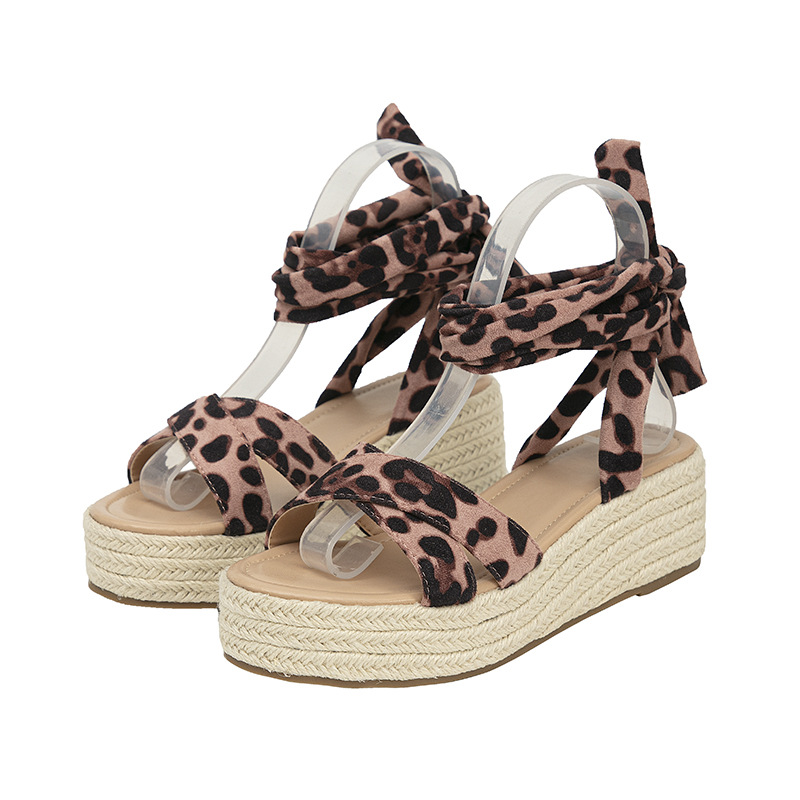Summer New Casual Women Shoes Pink Leopard Print Espadrille Platform Sandals Clear Strap Lace-up Wedge Open-toe Tie-up Non-slip detail