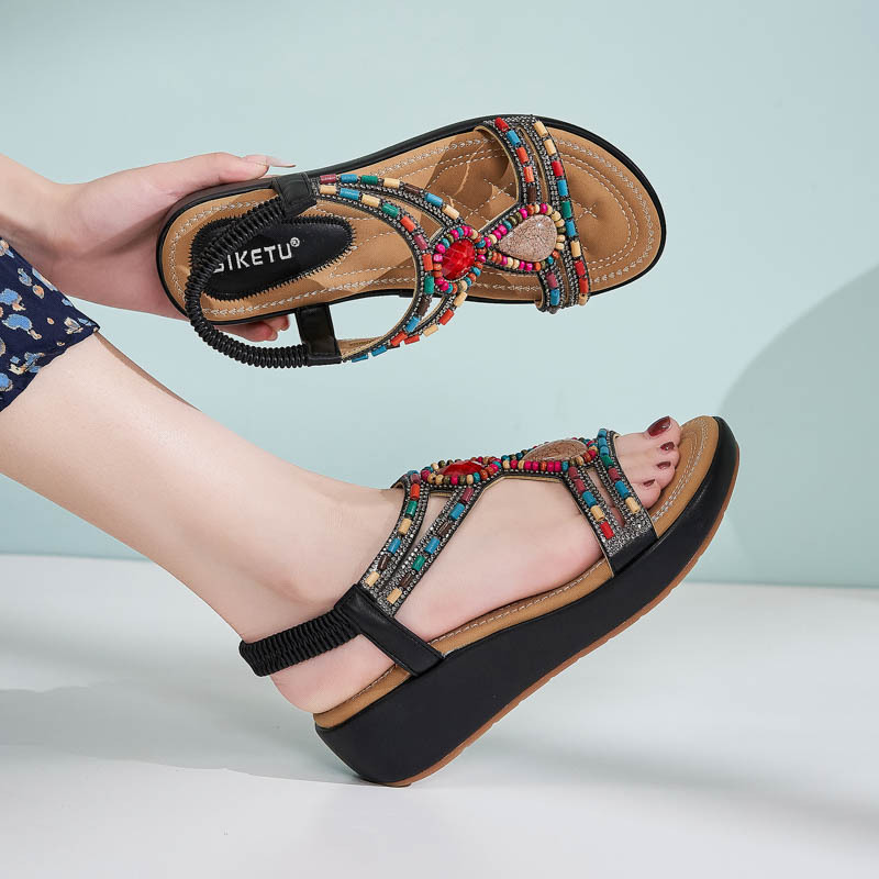 Wedge Sandals Women Ethnic Bohemian Beaded Rhinestone Elastic Band Open Toe Cushioned Beach Slip-On Shoes Earth-Toned product view