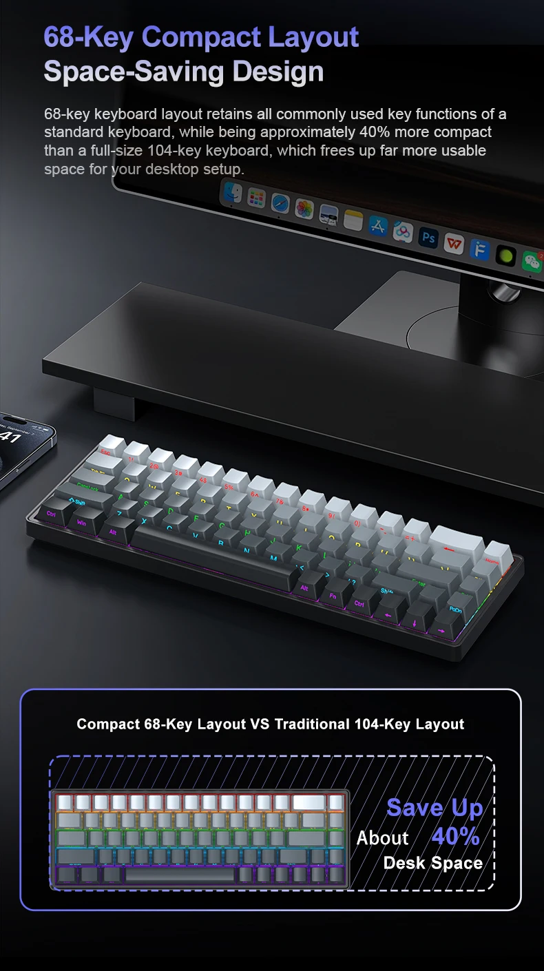 APAYADO A68 Wired Mechanical Keyboard Compact Layout Hot Swappable Blue/Red Switches RGB Backlight Full Key Rollover Type-C detail