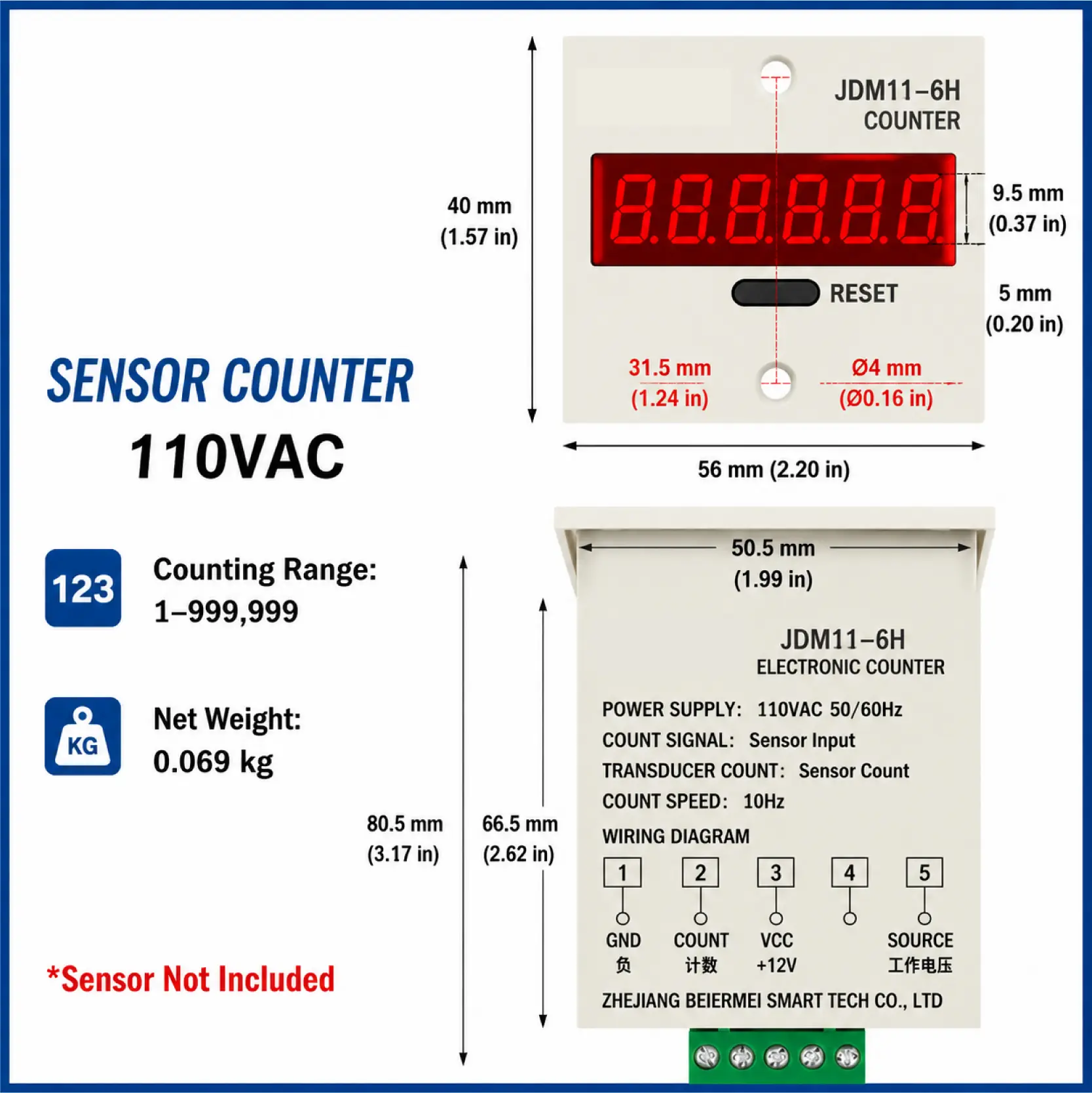 JDM11-6H 6 Digit Digital Counter Electronic Counter Totalizing Counter Resettable Power Failure Memory 12-24V 36V 110V 220V 380V product view