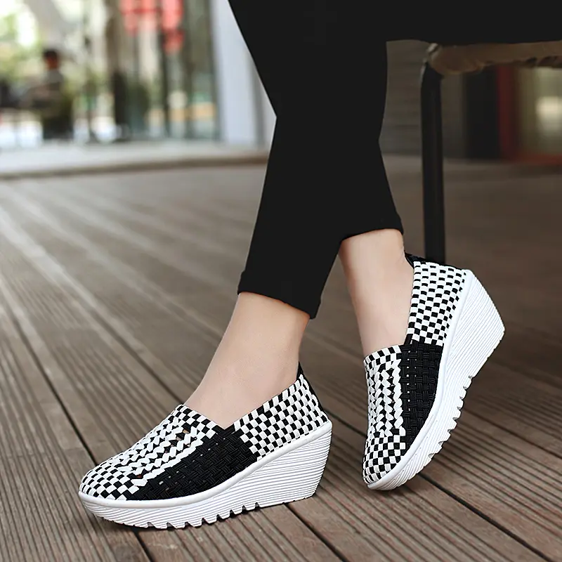 EOFK Autumn Women Woven Shoes Loafers Platform Handmade Elastic Slip on Nylon Woven Casual Wedges Shoes Lady product view