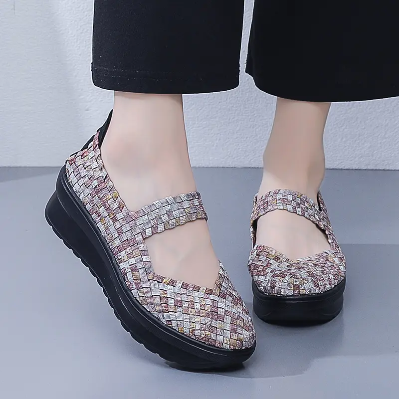 EOFK Autumn Women Woven Shoes Loafers Platform Handmade Elastic Slip on Nylon Woven Casual Wedges Shoes Lady product view