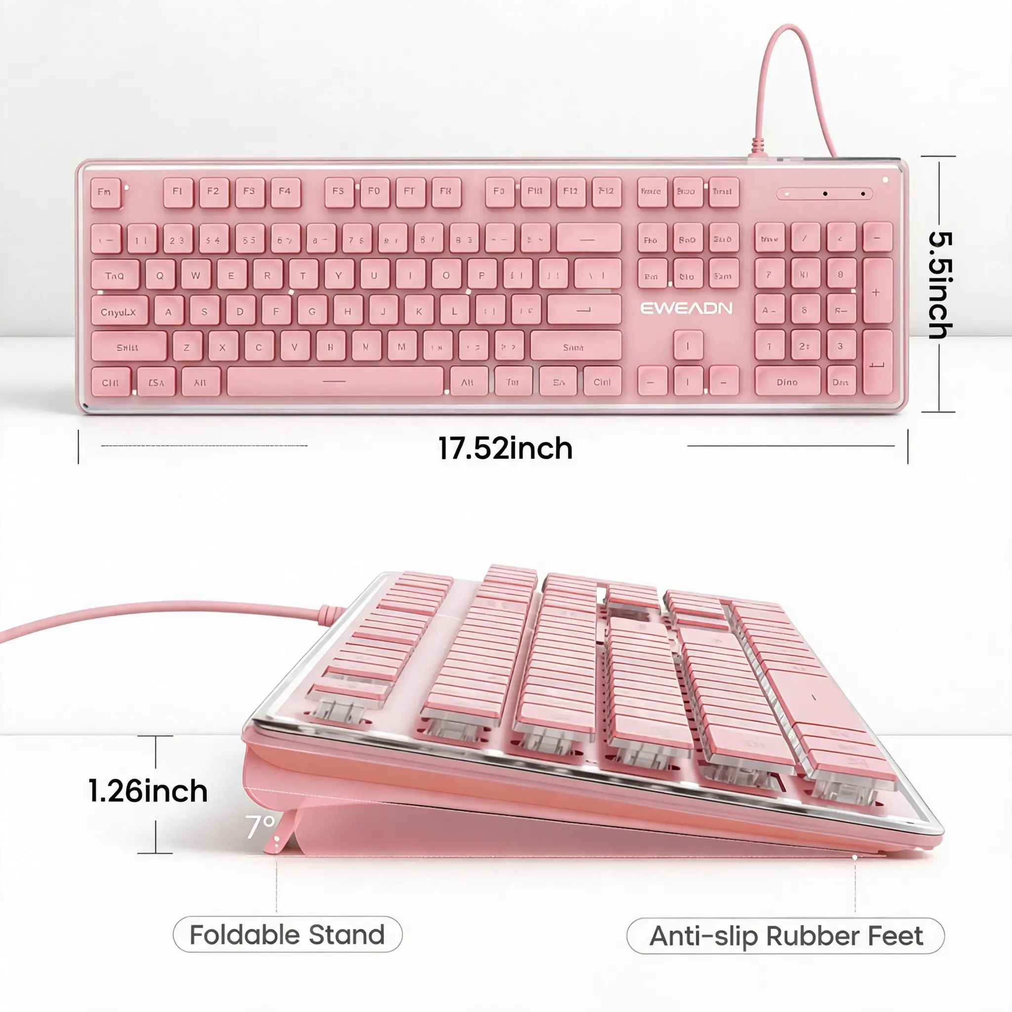 Ice Blue Backlit Gaming Keyboard Pudding Keycaps Metal Panel Wired USB LED Light Adjustable 104 Keys Mechanical Feel Pink White for PC Laptop product view