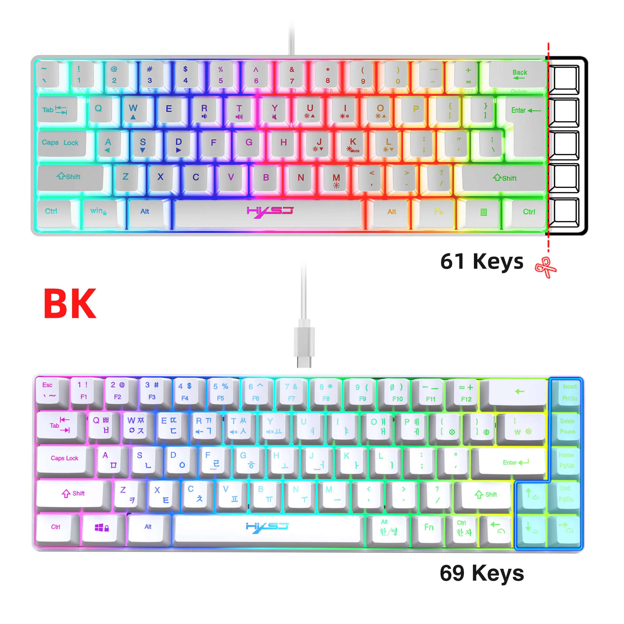 68 Keys Gaming Keyboard USB Wired Portable 20 RGB Backlight Korean Russian English Keyboard for Windows Laptops Computer detail