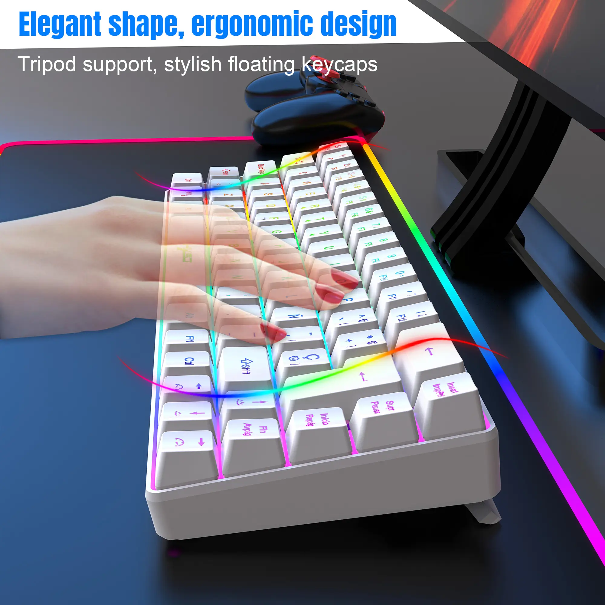 68 Keys Gaming Keyboard USB Wired Portable 20 RGB Backlight Korean Russian English Keyboard for Windows Laptops Computer product view