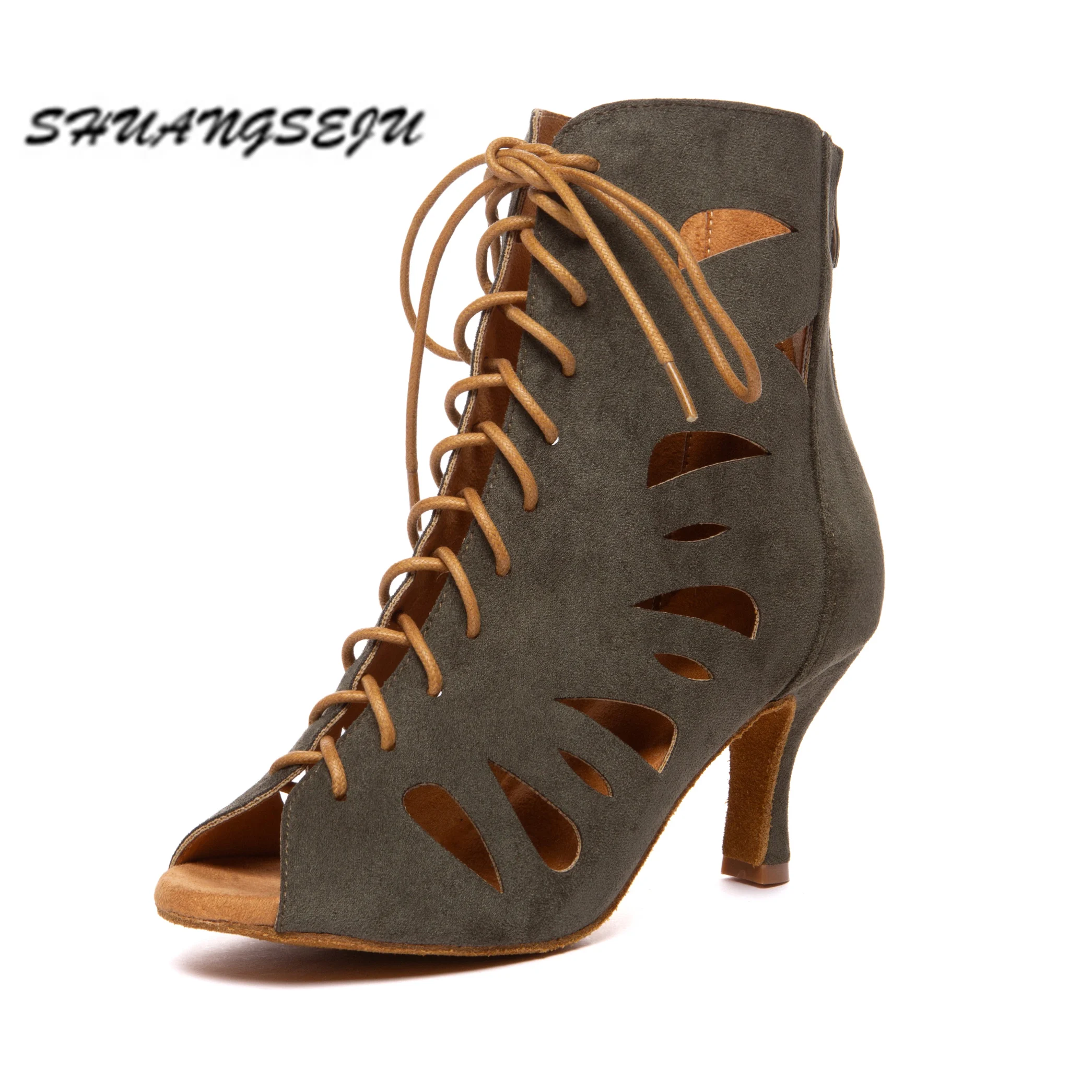 SHUANGSEJU New Women's Latin Dance Shoes Hollow Sexy Lace-Up Salsa Dance Shoes Bachata Black Jazz Ankle Boots Heels Dance Shoes detail